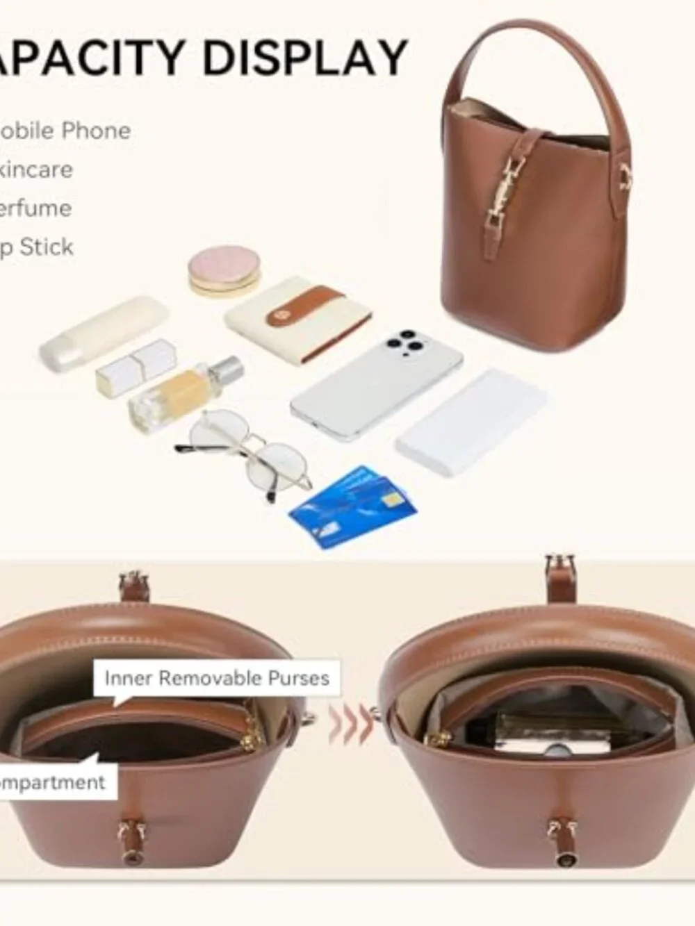 Small Vegan Leather Bucket Bag Crossbody Shoulder Purse Handbag